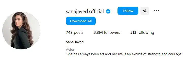 Sana Javed Biography Official Instagram Account with 8 million followers